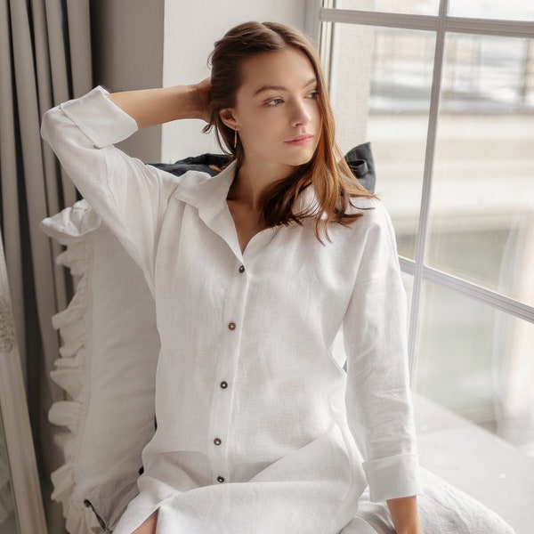 White Linen Shirt Dress With Coconut Buttons/ Linen Long Night Shirt For Women/ Linen Sleepwear/ Oversize Shirt Linen/ Linen Night Dress