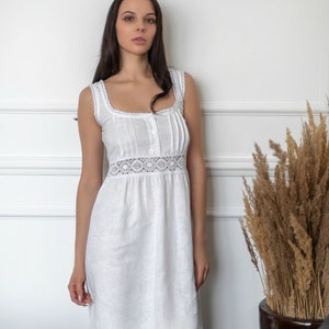 White Linen Night Gown with Cotton Lace and Buttons