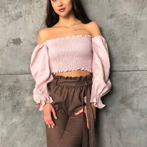 Dusty Pink Linen Smocked Top Off Shoulders / Linen Top Puffy Sleeves image 2