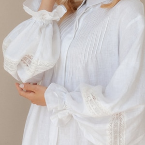 White Linen Dress with Lace and Puff Sleeves / White Linen Summer Dress / Boho Clothing / Linen Dress For Women With Sleeves image 1