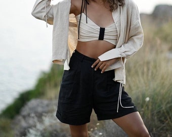 Linen Shorts Bermuda in Black With High Waist/ Casual Loose Shorts