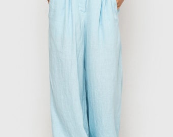 Linen Pants in Blue With High Waist/ Casual Loose Trousers / Loose Long Linen Pants / Palazzo Pants