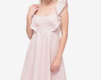 Pink linen mini sundress with straps and ruffles