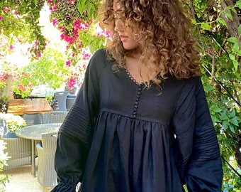 Black Linen Dress with Puffy Sleeves / Black Linen Summer Dress / Boho Dress / Linen Dress For Women