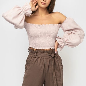 Dusty Pink Linen Smocked Top Off Shoulders / Linen Top Puffy Sleeves image 6