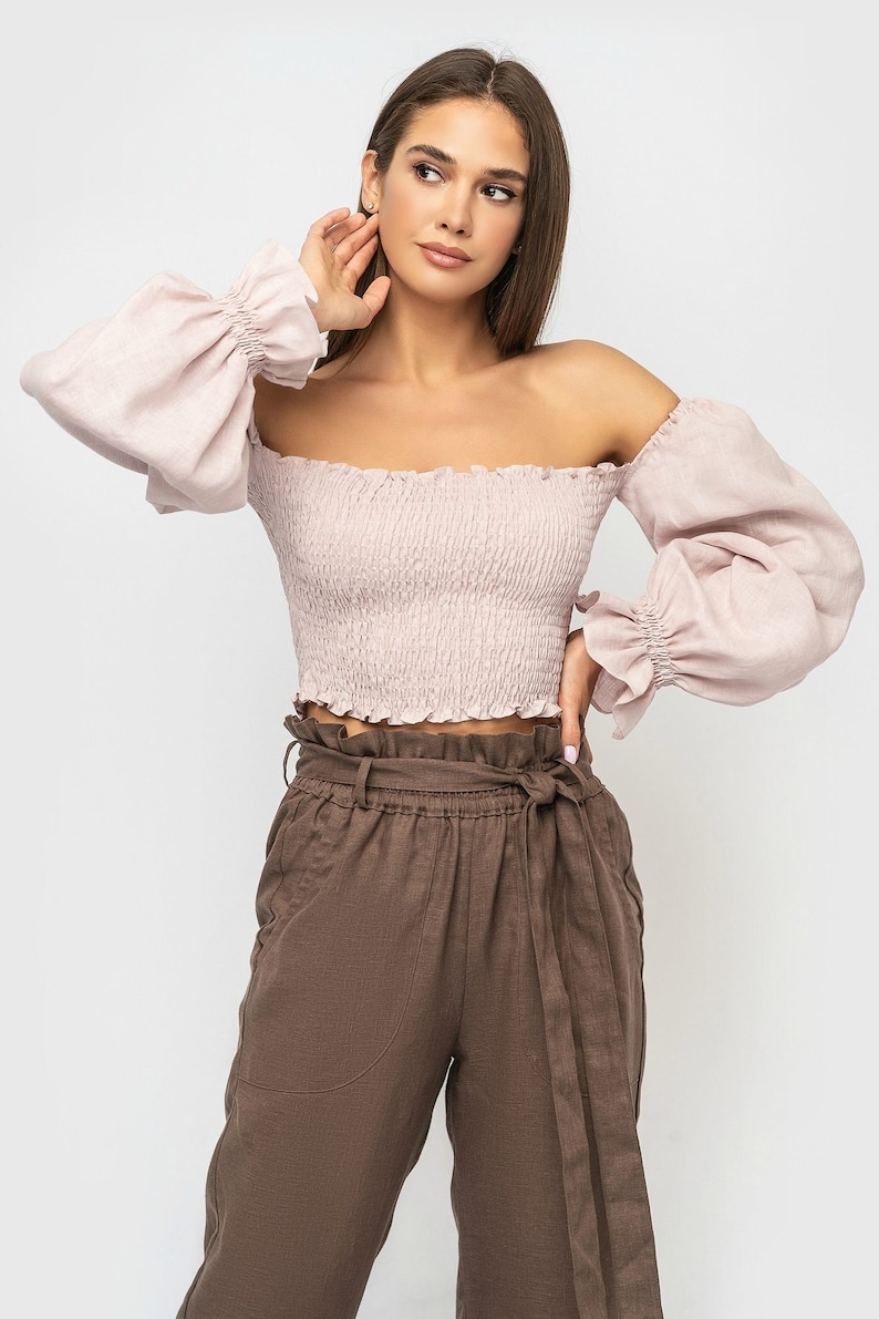 Dusty Pink Linen Smocked Top Off Shoulders / Linen Top Puffy Sleeves image 6