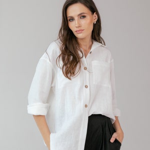 Women linen shirt in two colors. Natural linen long sleeve shirt. Casual summer shirt White