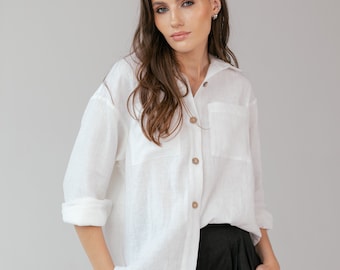 White linen shirt/blouse, Washed linen tunic, casual linen shirt, linen blouse, women linen clothing, flax top with lace, Loose fit top
