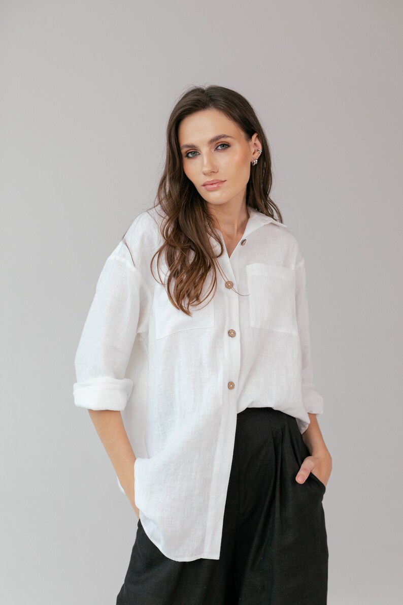 Women linen shirt in two colors. Natural linen long sleeve shirt. Casual summer shirt White