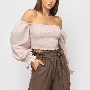 Dusty Pink Linen Smocked Top Off Shoulders / Linen Top Puffy Sleeves image 10