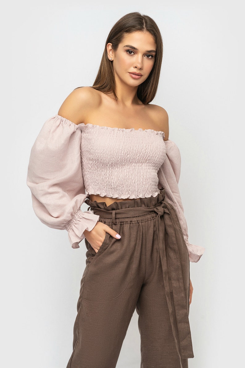 Dusty Pink Linen Smocked Top Off Shoulders / Linen Top Puffy Sleeves image 10