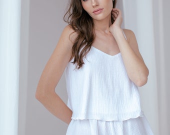 White Cotton Pajama Set/ Cotton Shorts and Cotton Top/ Women's Pajama Top and Shorts