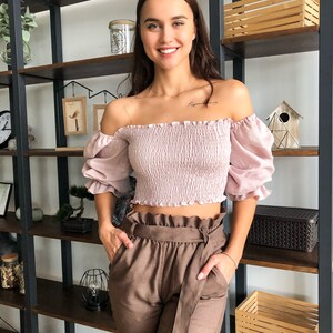 Dusty Pink Linen Smocked Top Off Shoulders / Linen Top Puffy Sleeves image 8