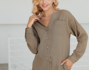 Olive cotton shirt and shorts set, women cotton clothing, Loose fit top