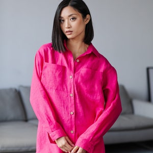 Women linen shirt in two colors. Natural linen long sleeve shirt. Casual summer shirt Pink