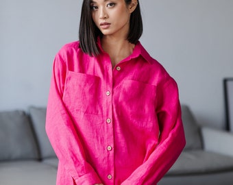 Women linen shirt in two colors. Natural linen long sleeve shirt. Casual summer shirt