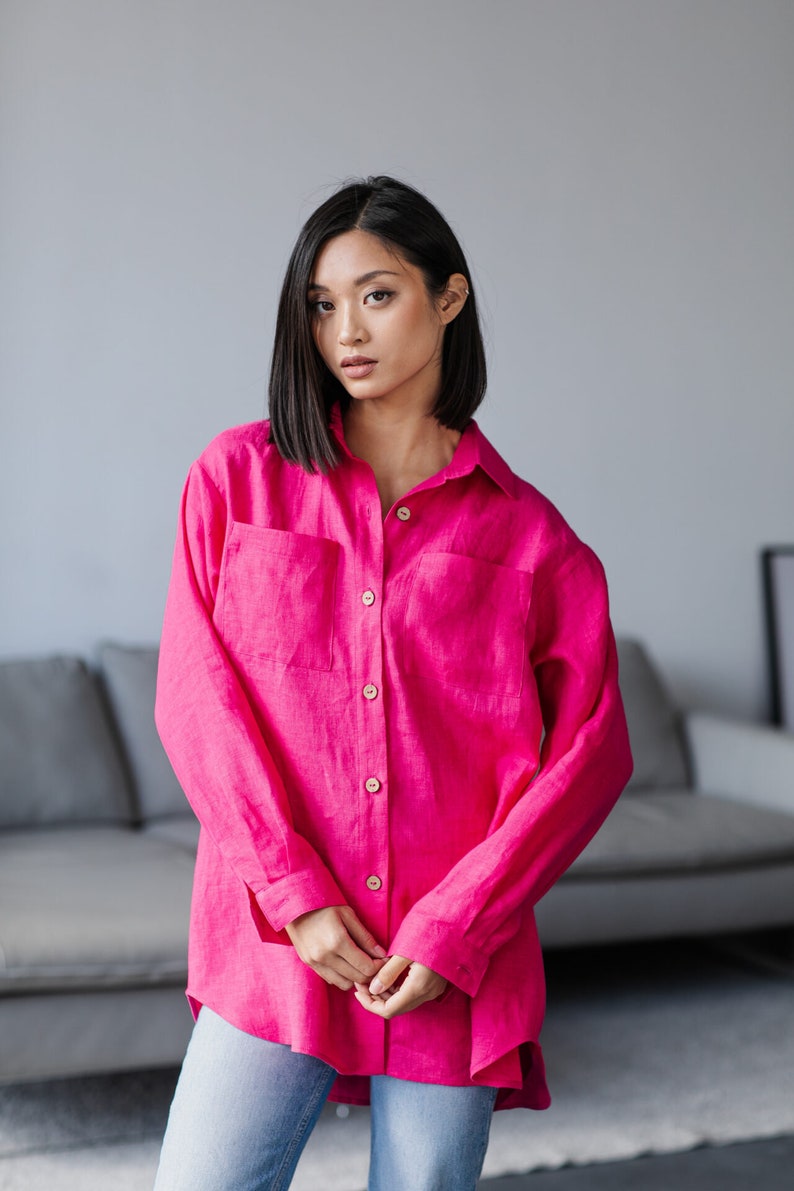 Women linen shirt in two colors. Natural linen long sleeve shirt. Casual summer shirt Pink