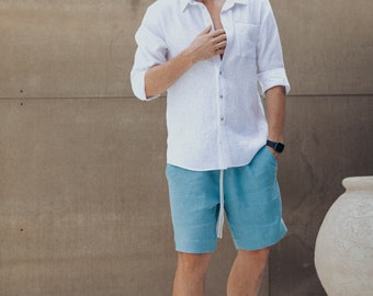 Men's turquoise linen shorts, Men linen clothing