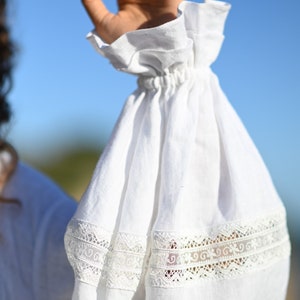 White Linen Dress with Lace and Puff Sleeves / White Linen Summer Dress / Boho Clothing / Linen Dress For Women With Sleeves image 4