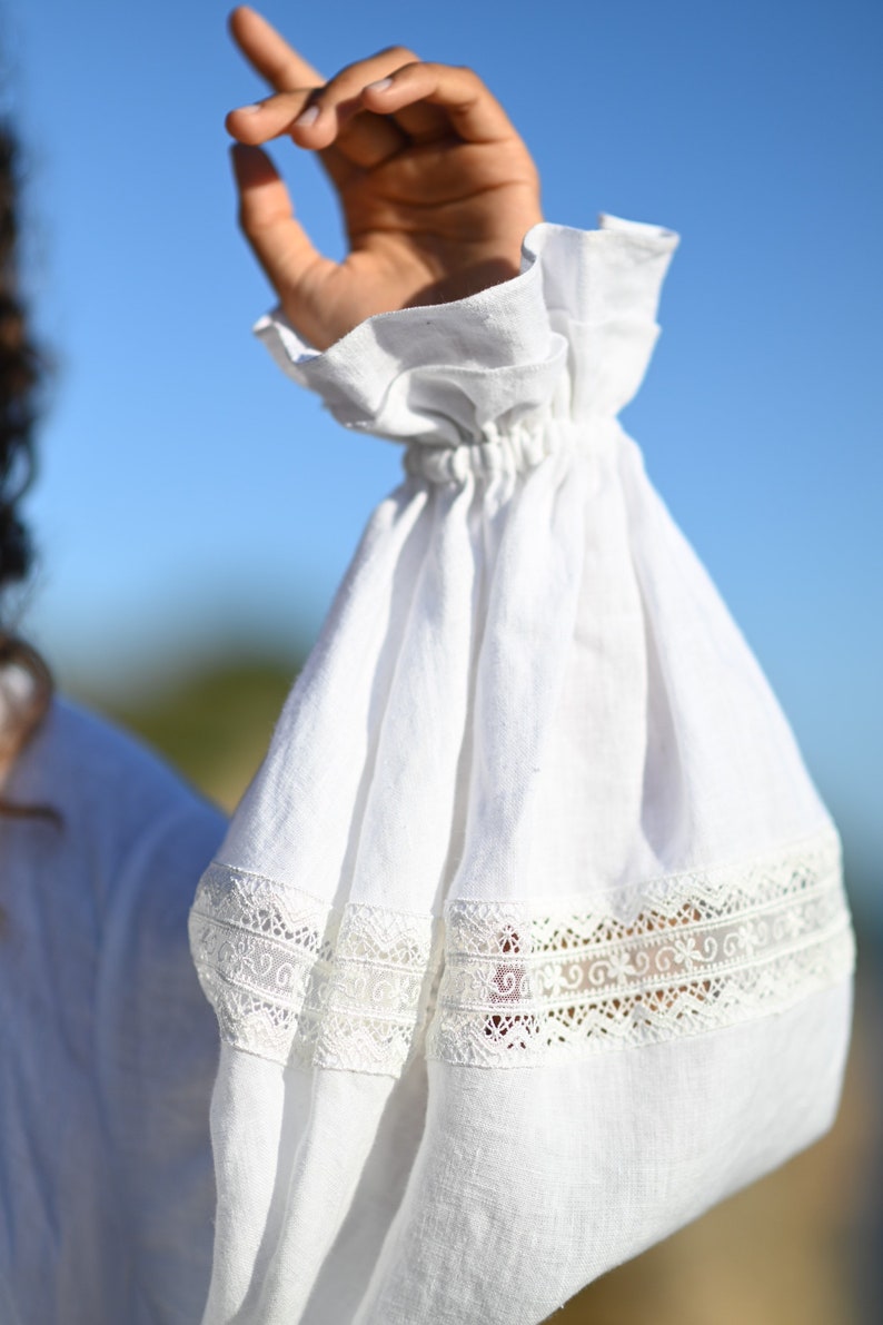 White Linen Dress with Lace and Puff Sleeves / White Linen Summer Dress / Boho Clothing / Linen Dress For Women With Sleeves image 4