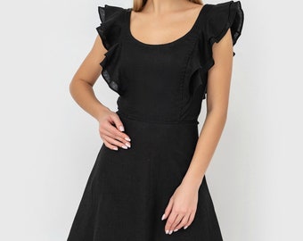 Black linen mini sundress with straps and ruffles