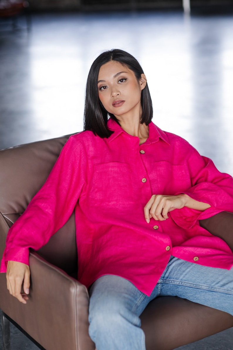 Women linen shirt in two colors. Natural linen long sleeve shirt. Casual summer shirt image 5