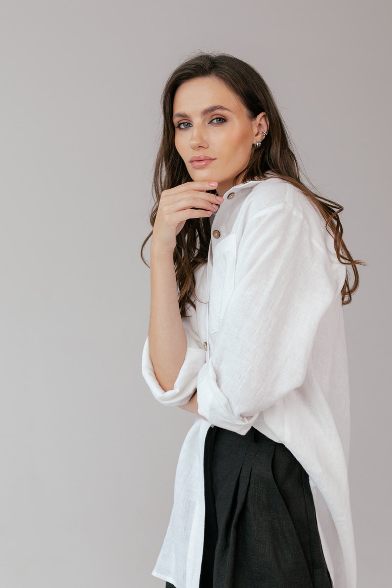 Women linen shirt in two colors. Natural linen long sleeve shirt. Casual summer shirt image 7