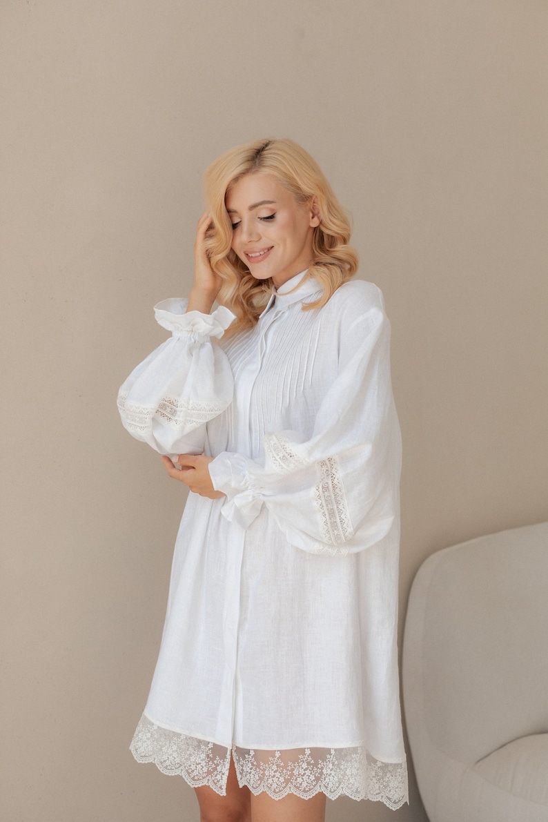 White Linen Dress with Lace and Puff Sleeves / White Linen Summer Dress / Boho Clothing / Linen Dress For Women With Sleeves image 10