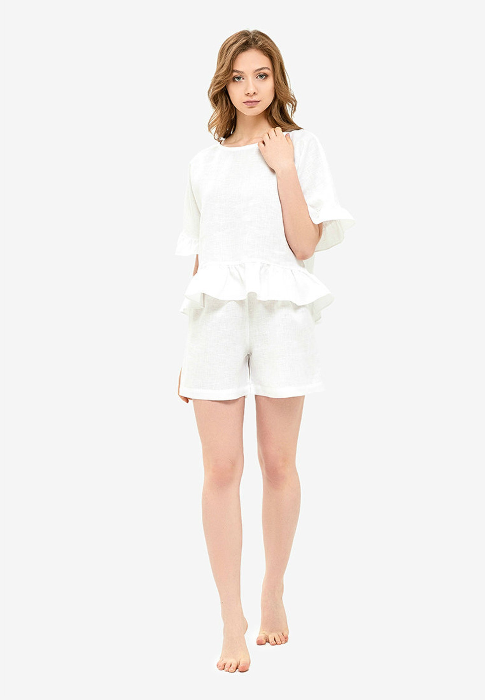 White Linen Pajama Set/ Linen Shorts and Ruffled Sleeves Linen Etsy