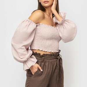 Dusty Pink Linen Smocked Top Off Shoulders / Linen Top Puffy Sleeves image 5