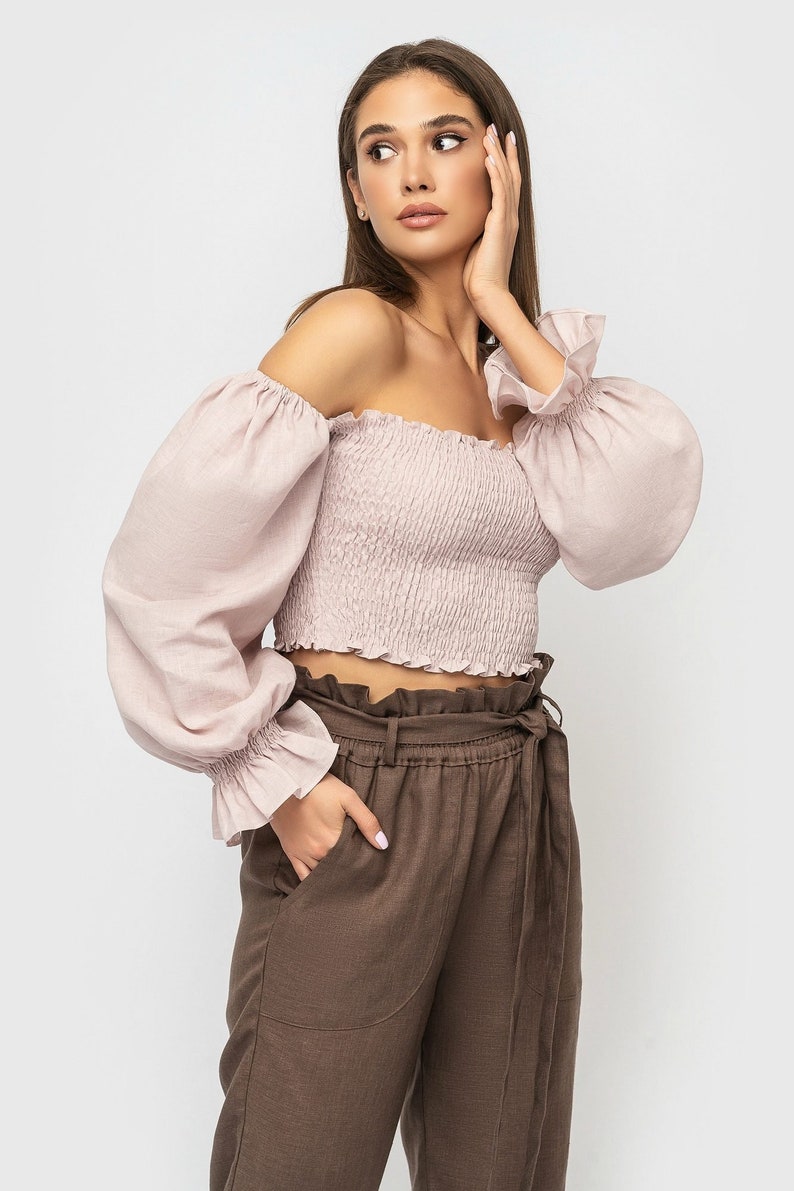 Dusty Pink Linen Smocked Top Off Shoulders / Linen Top Puffy Sleeves image 5