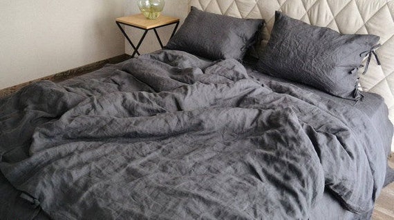 Dark Gray Linen Duvet Cover With Ties Stonewashed - Organic Stonewashed Linen Bedding Dark Gray Linen Duvet Cover With Ties Stonewashed - Organic Stonewashed Linen Bedding