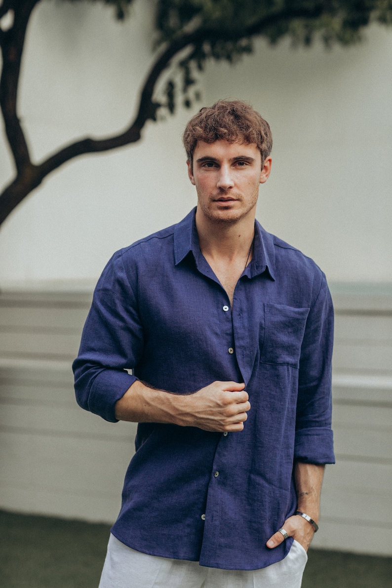 Men's Shirt Made of Dark Blue Linen Men Linen Clothing Etsy
