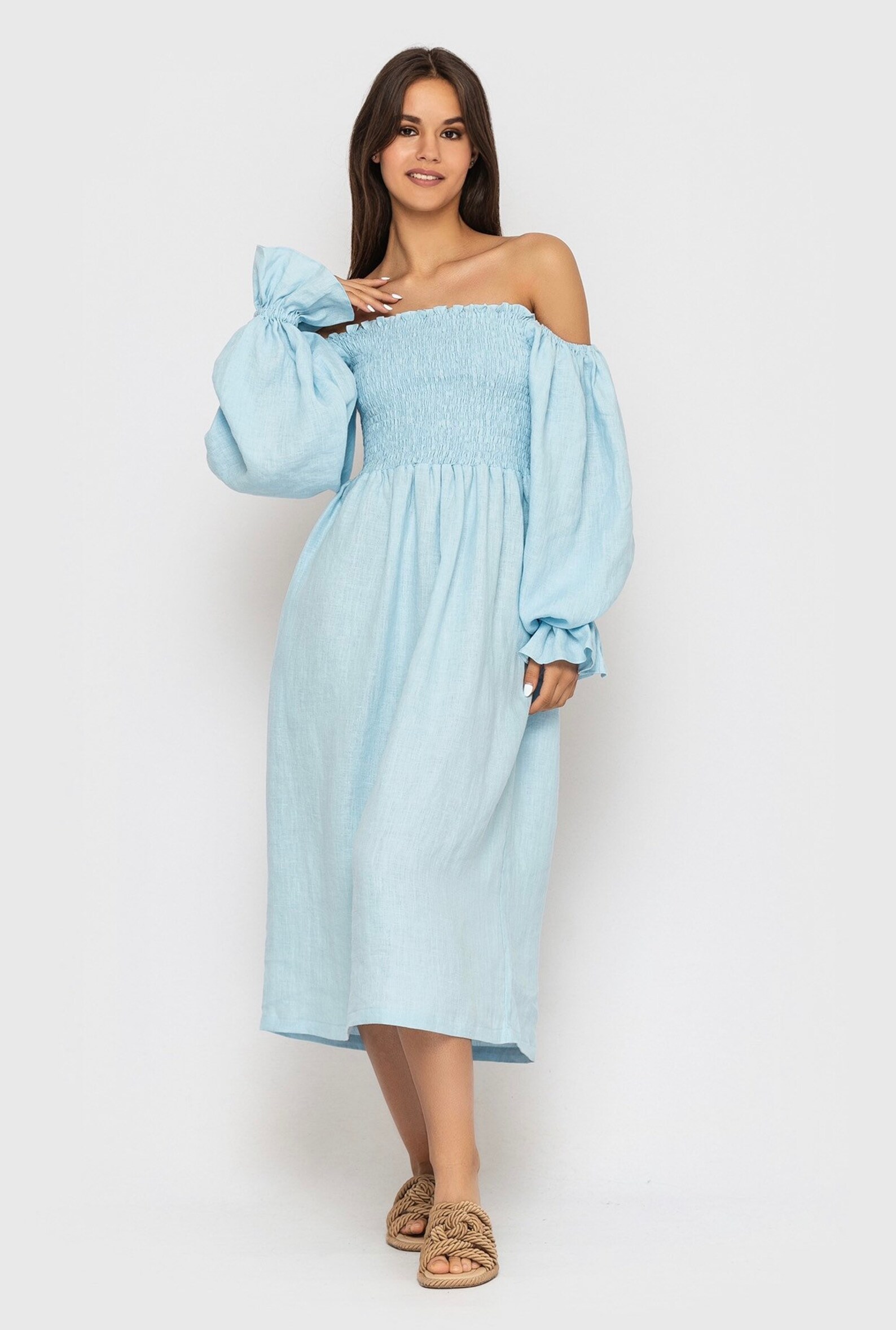 Blue Linen Smocked Chest Atlanta Dress/ Linen Dress Puffy Etsy