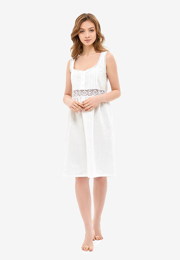 White Linen Night Gown With Cotton Lace and Buttons Etsy
