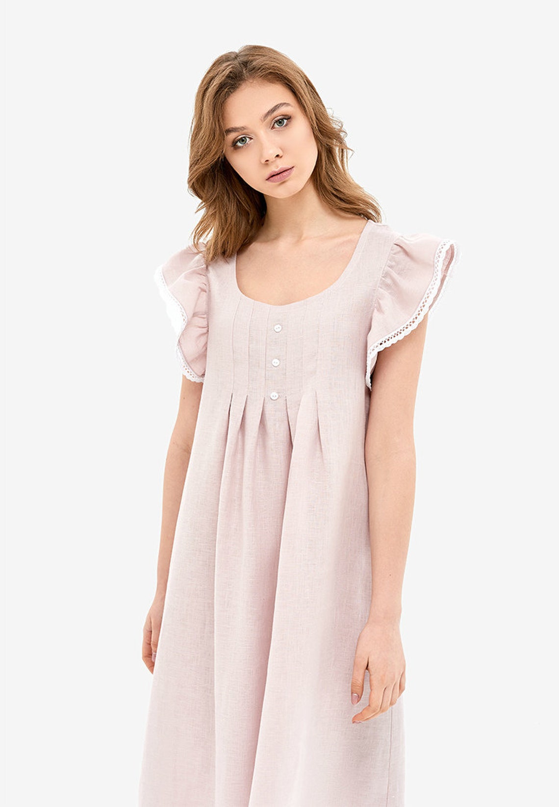 Pale Rose Linen Nightgown With White Lace Etsy