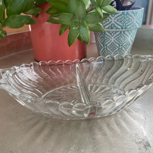 Clear Fostoria Glass Divided Relish Dish "Colony Swirl" - Vintage Crystal Divided Serving Dish Scalloped - Fostoria Colony Handled Dish