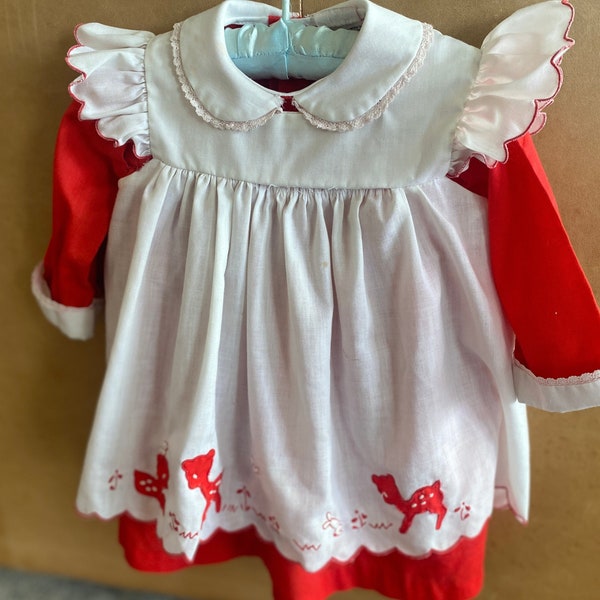 Vintage Little Girl Red Dress w/ White Pinafore - Approx. 3T Red & White Dress Apron Dress - Vintage Little Girl Toddler Dress Pinafore Red