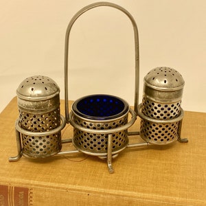 Vintage Silver Salt & Pepper Shakers and Salt Cellar in Caddy - Silverplate Salt and Pepper Set in Caddy - Cobalt Blue Glass Salt Cellar