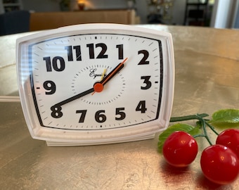 Vintage Equity Alarm Clock Square White Plastic Alarm Clock Equity - Mid Century White Alarm Clock Black Numbers Equity Tabletop Clock Alarm