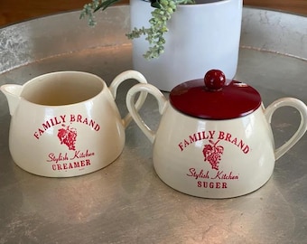 Vintage "Family Brand Stylish Kitchen" Sugar & Creamer Set Red and Cream - Unique Metal Enamel Sugar Bowl Country Kitchen Red Enamel Pitcher