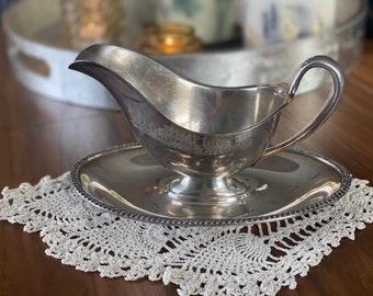Vintage Silverplate Gravy Boat w/  Attached Underplate Silver Gravy Boat w/ Drip Tray - Holiday Tabletop Formal Dining Silver Serving
