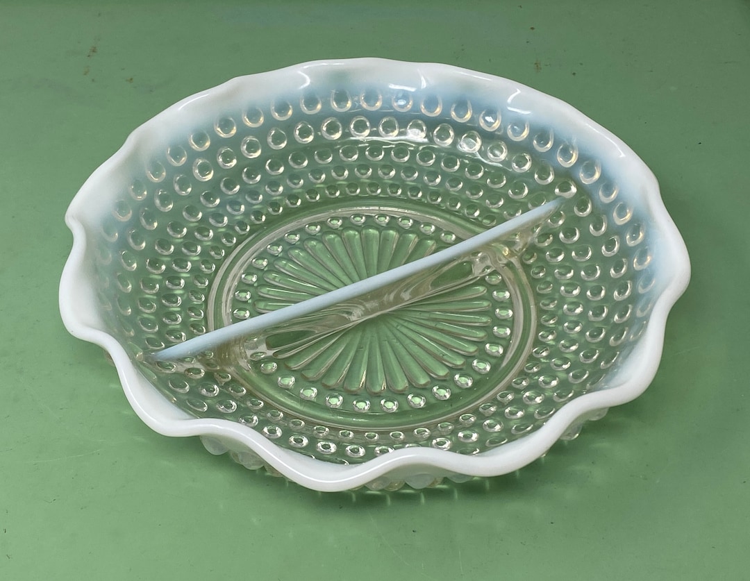 Vintage Hobnail Moonstone Glass Divided Candy Dish Vintage Etsy