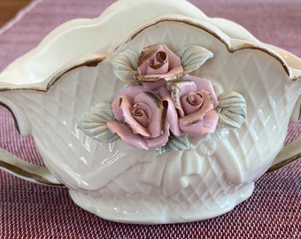 Vintage Crown Accents Two Handled Ceramic Basket Planter with Applied Pink Roses & Gold Trim