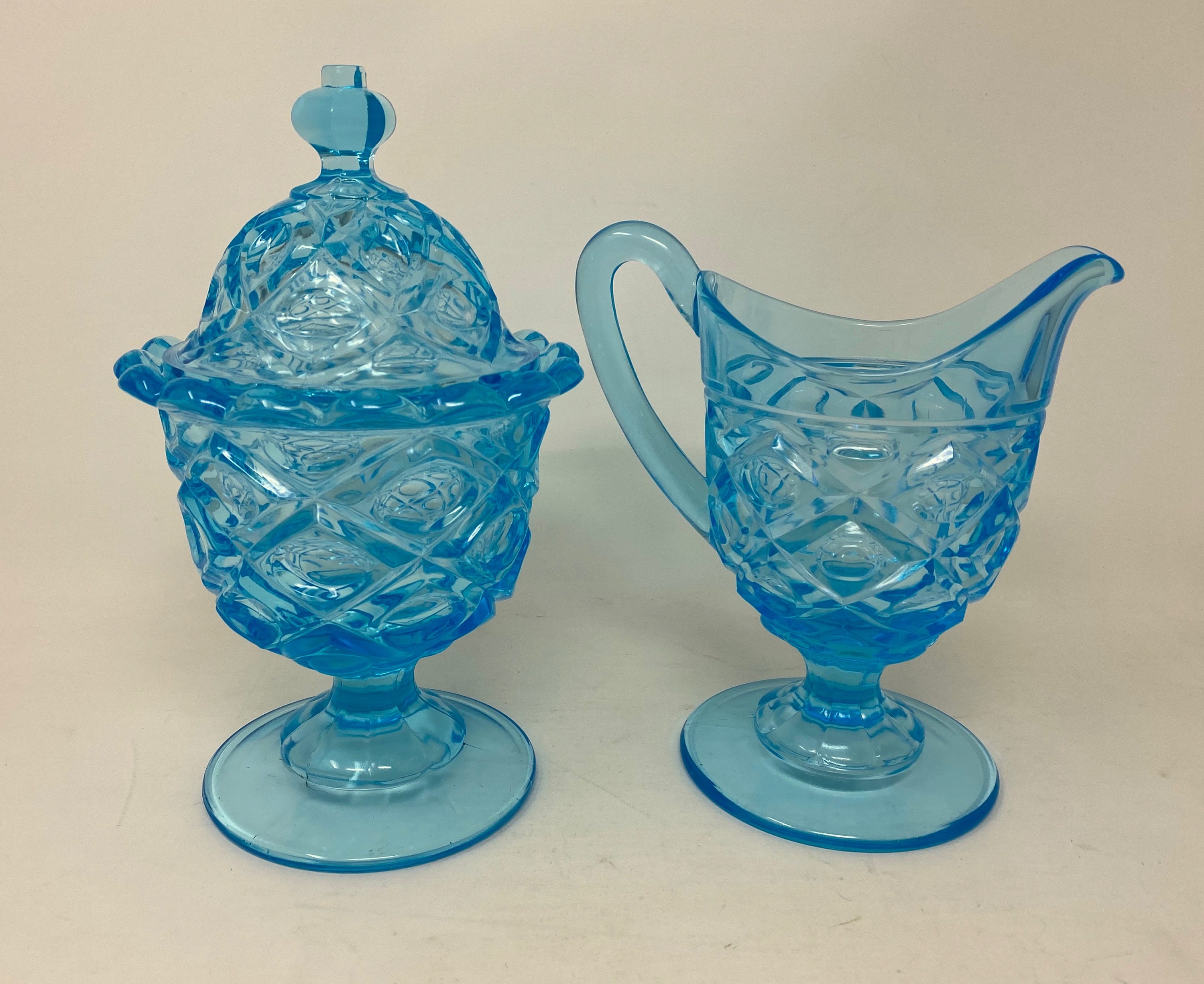Vintage Turquoise Blue Glass Sugar Bowl Creamer Set Diamond Etsy