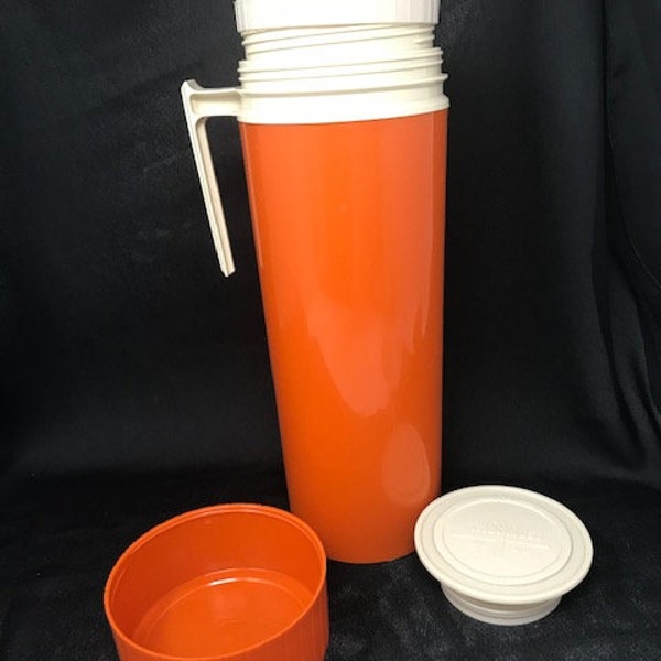 Vintage 1970’s Tall Burnt Orange Plastic Thermos with Handle Model 7402 - 12” Retro Tall Orange Thermos with Cup - Mid Century Thermos Prop