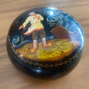 Russian laquered Trinket Box Hand Painted Ship & Ocean Waves - Hand Painted Miniature Russian Lacquer Box - Lacquer Keepsake Box Russian