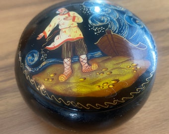 Hand Painted Russian Lacquer Trinket Box – Ship, Ocean Waves Scene