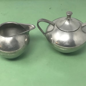 Mid Century Modern Pewter Sugar & Creamer Set Zeister Pewter from Holland Covered Sugar Bowl and Creamer