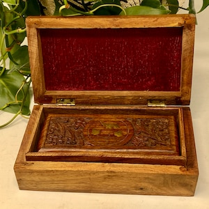Wood Nesting Boxes - 2 Hand Carved Sheesham Rosewood Nesting Boxes w/ Brass Elephant Inlay -  Rose Wood Nesting Jewelry Box Trinket Box